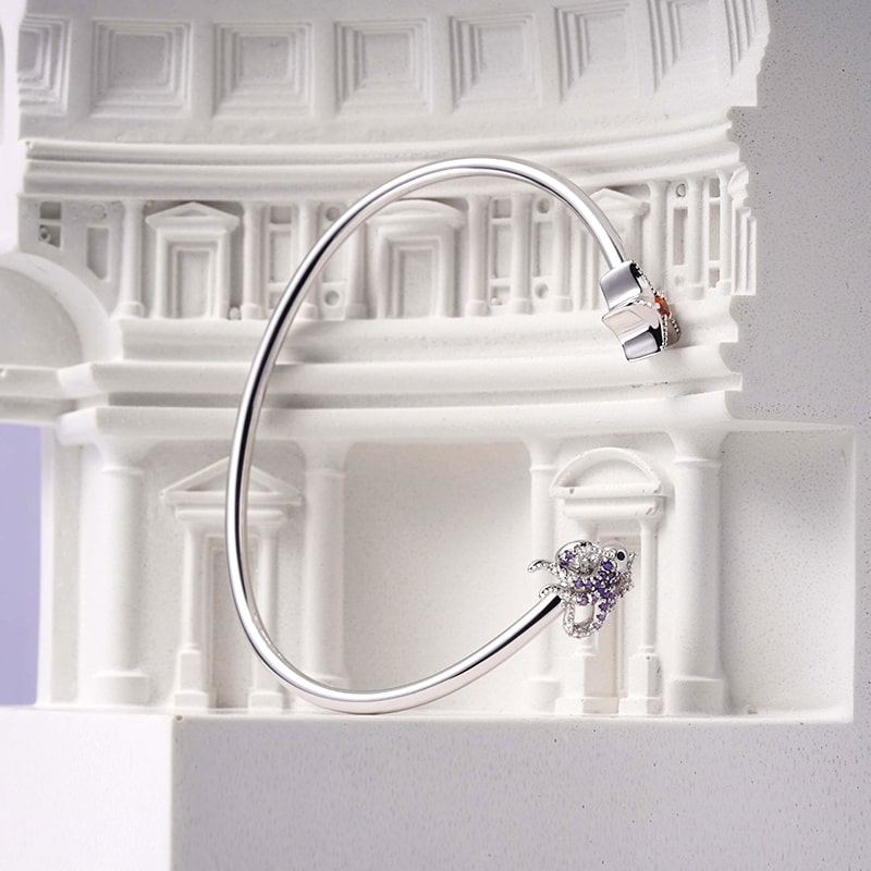 Octopus & Starfish Bangle Bracelet Sterling Silver Inlaid with Colorful Gemstones_2