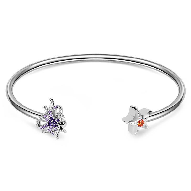 Octopus & Starfish Bangle Bracelet Sterling Silver Inlaid with Colorful Gemstones_1