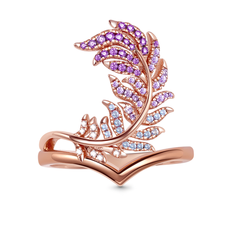 Feather V-Ring Sterling Silver 18K Rose Gold Plated Inlaid with Gradient Purple Gemstones_1