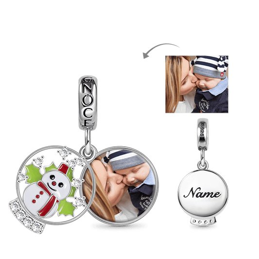 Snowman Personalized Photo Engravable Charm Pendant 925 Sterling Silver Inlaid with Crystal CZ Stones_1