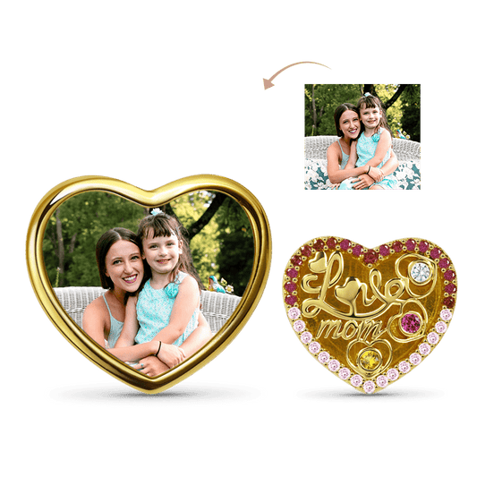 Love Mom Heart-shaped Personalized Photo Charm Bead Sterling Silver 18k Gold Plated Mother's Day Gift_1