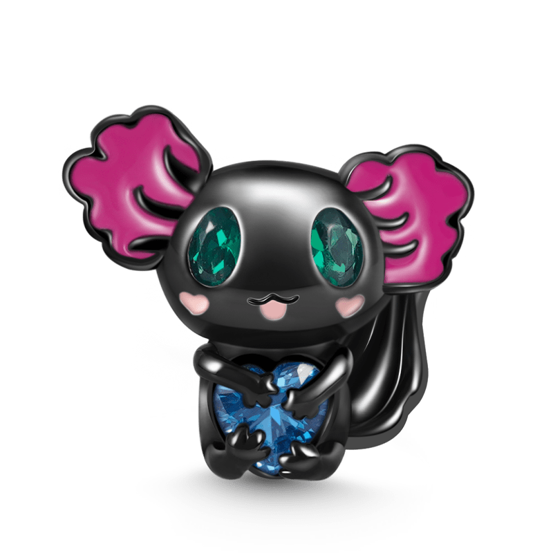 Mexican Axolotl Embraces Heart Gemstone Charm Bead Sterling Silver Black Plated_1