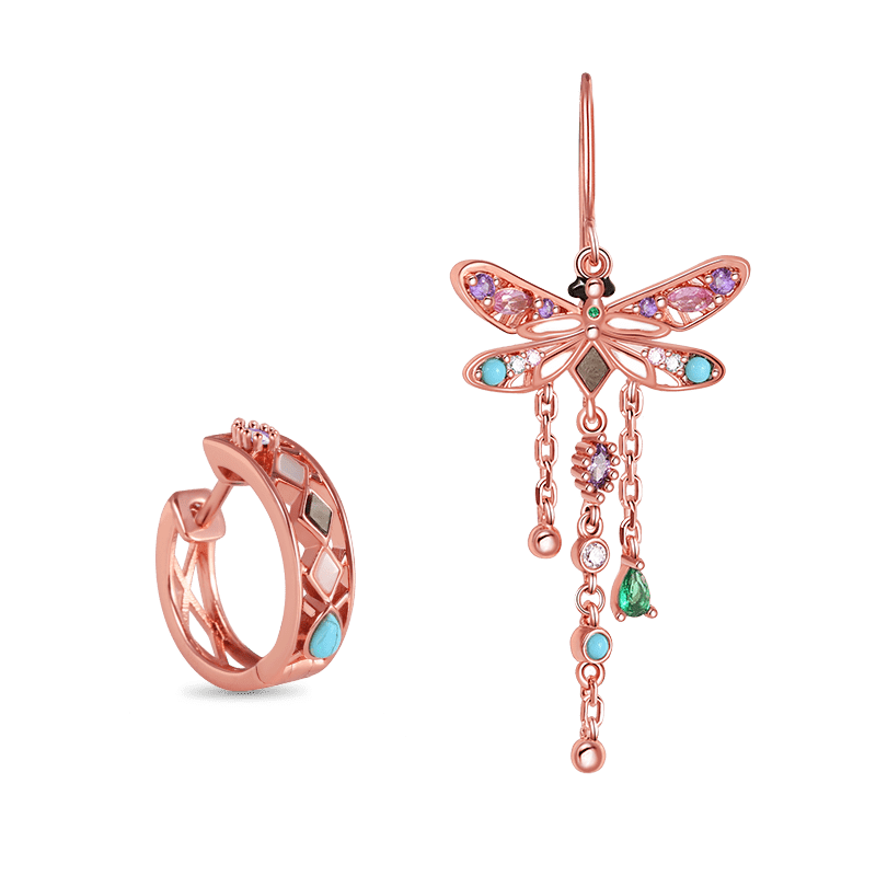 Asymmetry Dragonfly Turquoise Dangle Earrings 18k Rose Gold Plated_1