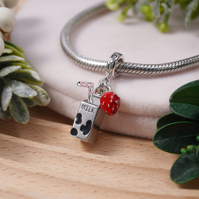 Milk & Strawberry Pendant Dangle Charm 925 Sterling Silver_2