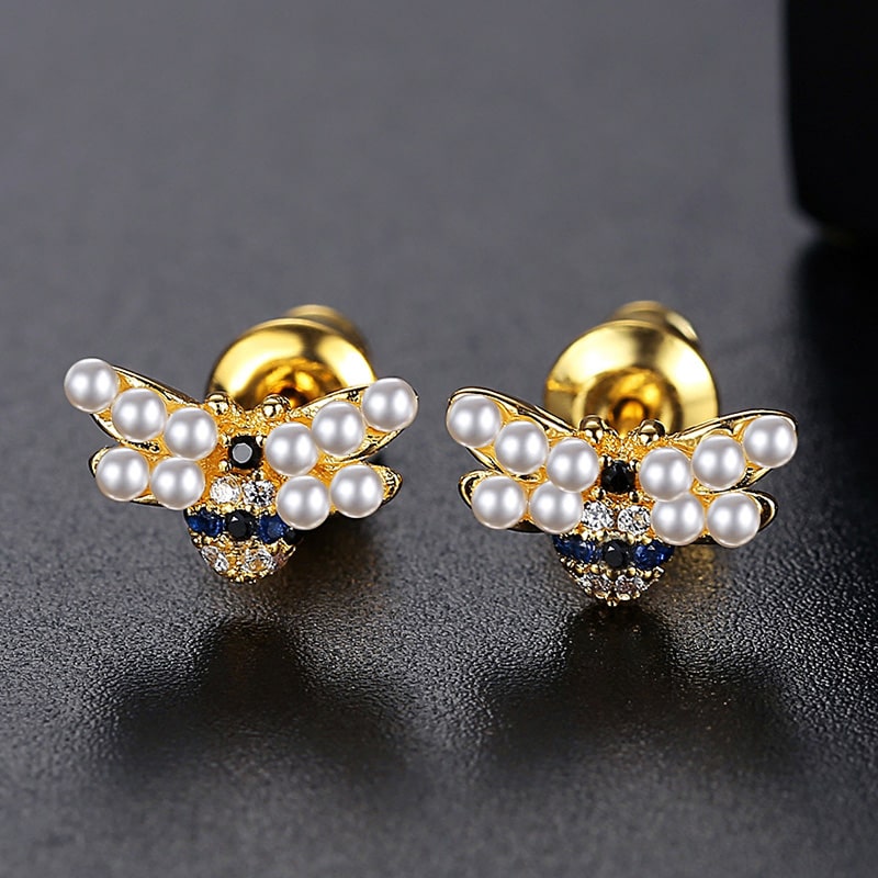 Pearl Bee Earrings Copper Inlaid Black Blue Zircons_2