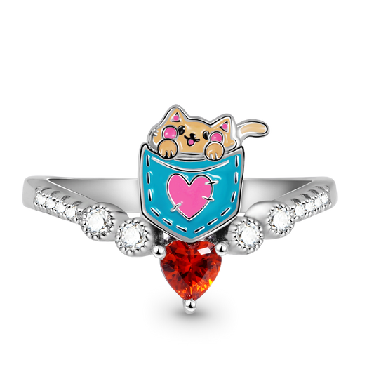 Cute Pocket Cat V Ring Sterling Silver Inlaid with Ruby & CZ Stones_1