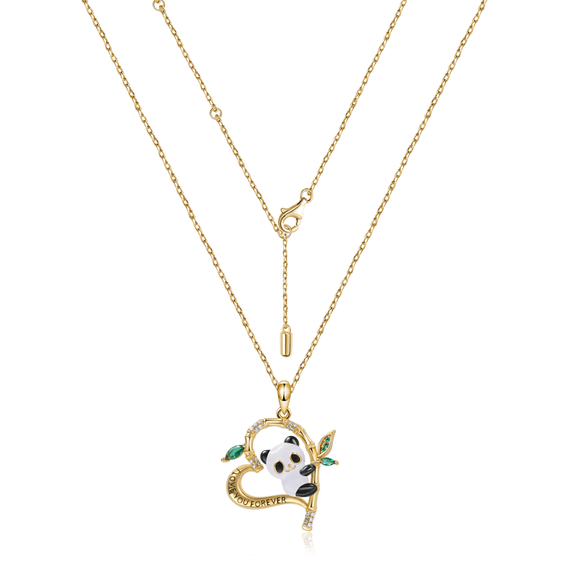 "I Love You Forever" Panda on Bamboo Heart Shaped Necklace 18K Gold Plated CZ Gemstones Inlaid_2