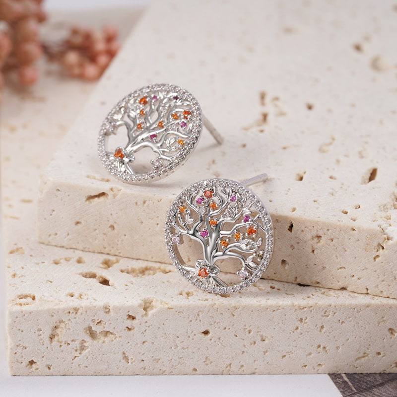 Tree of Life Ear Studs 925 Sterling Silver inlaid with Stones Mother's Day Gift_2