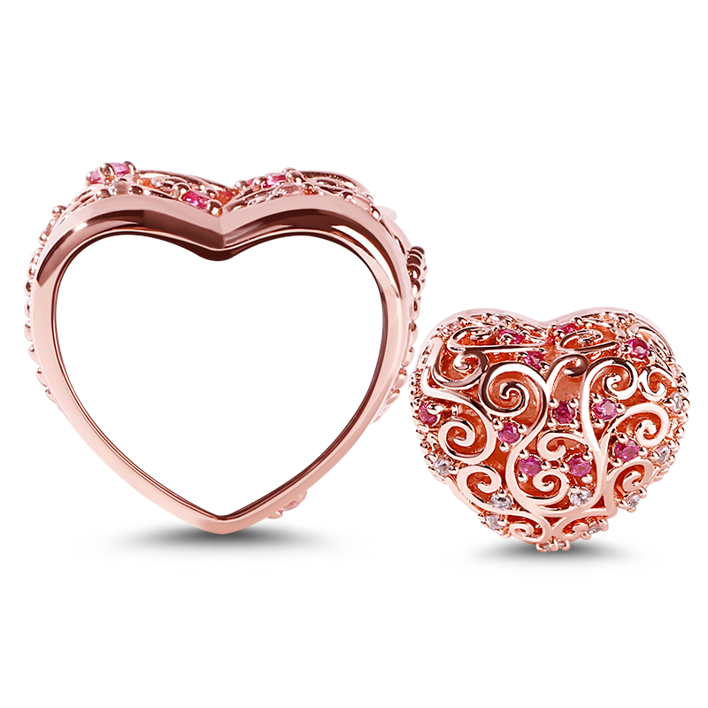 Gnoce "Soulmate" 18k Rosegold Plated Heart shaped Hollow Photo Beads Charm with Red Stone_3