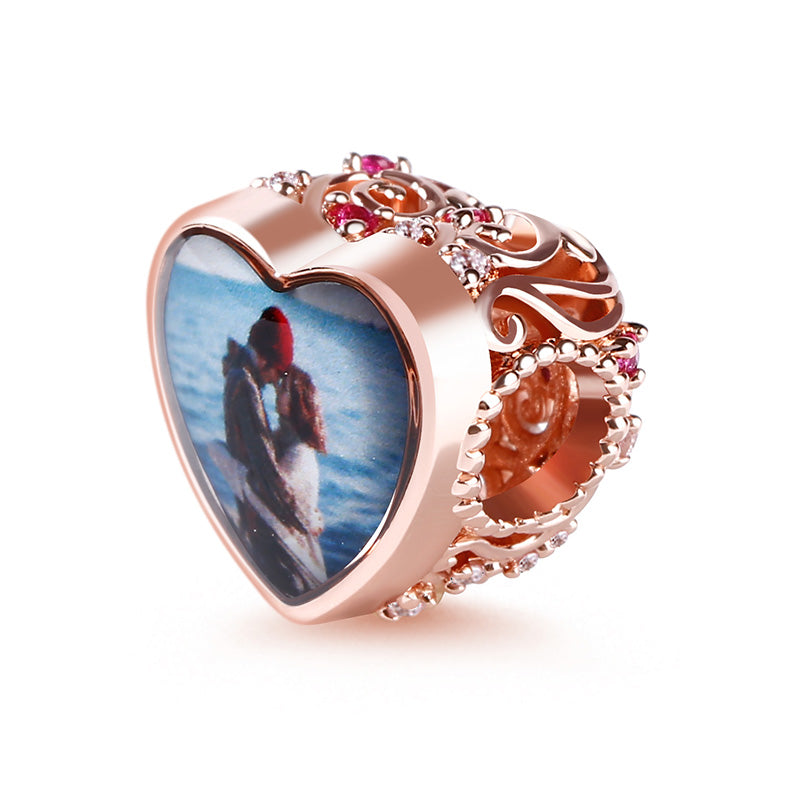 Gnoce "Soulmate" 18k Rosegold Plated Heart shaped Hollow Photo Beads Charm with Red Stone_2