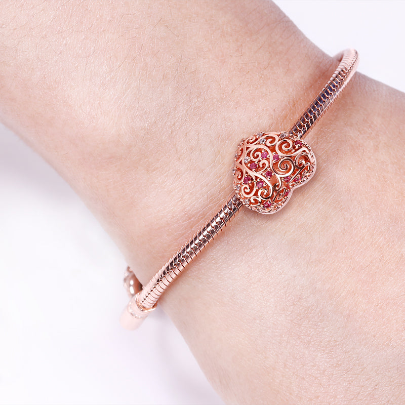 Gnoce "Soulmate" 18k Rosegold Plated Heart shaped Hollow Photo Beads Charm with Red Stone_5