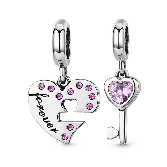 Heart and Key Set Pendant Dangle Charm 925 Sterling Silver Inlaid with Purple Zircon Stones_1
