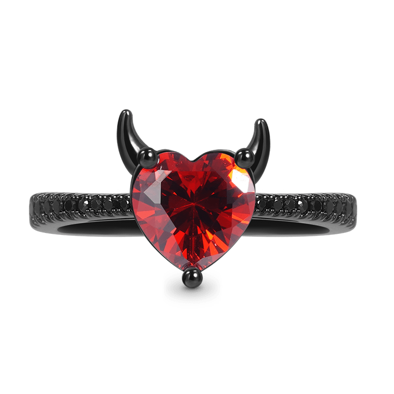 Devil with a Kind Heart Ring 925 Sterling Silver Black Plated Inlaid with Red Heart CZ Stone and Black Zircon Stones_1
