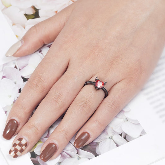 Devil with a Kind Heart Ring 925 Sterling Silver Black Plated Inlaid with Red Heart CZ Stone and Black Zircon Stones_3