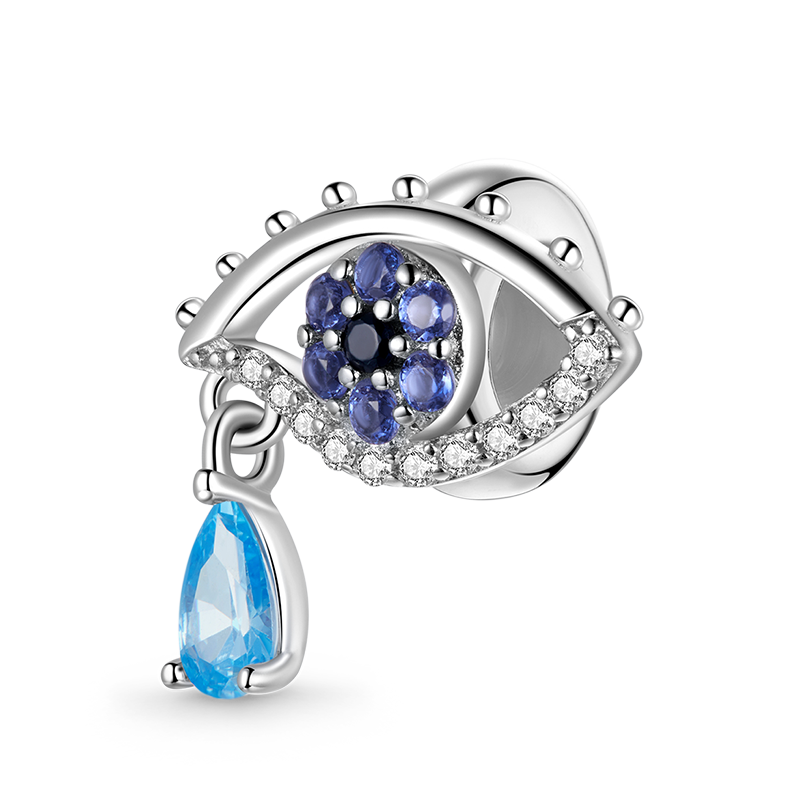 Mystery Eye Stopper for Charm Bracelets 925 Sterling Silver Inlaid with Blue and Clear Gemstones_1