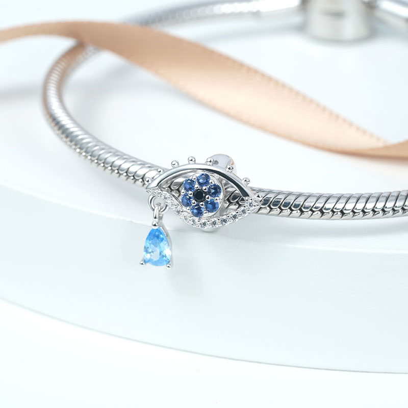 Mystery Eye Stopper for Charm Bracelets 925 Sterling Silver Inlaid with Blue and Clear Gemstones_2