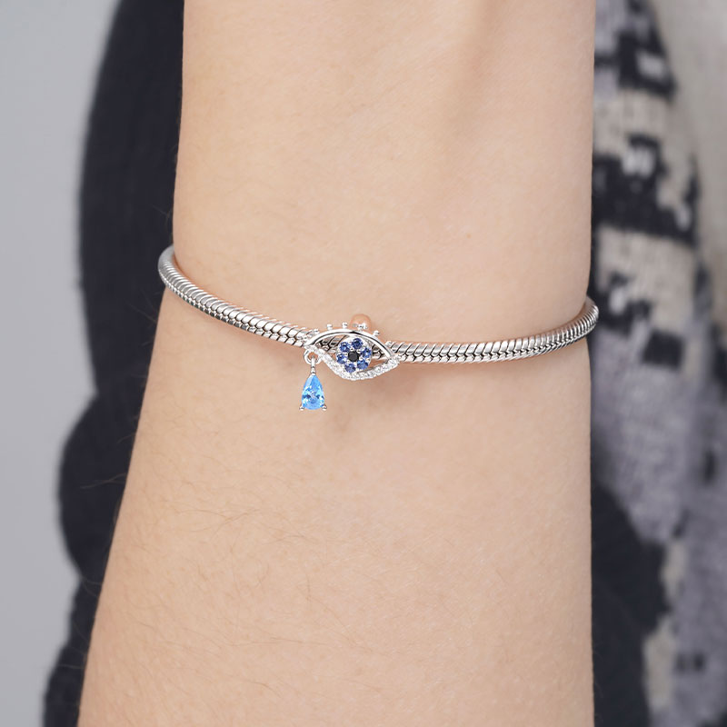 Mystery Eye Stopper for Charm Bracelets 925 Sterling Silver Inlaid with Blue and Clear Gemstones_3