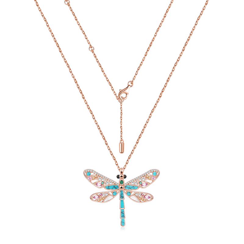 Turquoise Dragonfly Necklace 925 Sterling Silver Rose Gold Plated Inlaid with Colorful CZ Stones_2