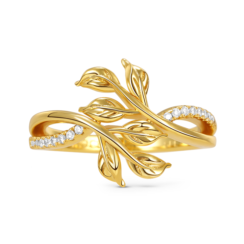 Leaf Shape Ring 925 Sterling Silver 18k Gold Plated Inlaid with Clear Gemstones_1