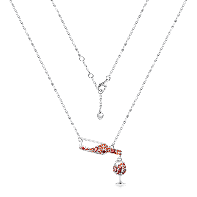 Wine Bottle Pouring Glass Cup Necklace Copper Inlaid with Orange Gemstones_2