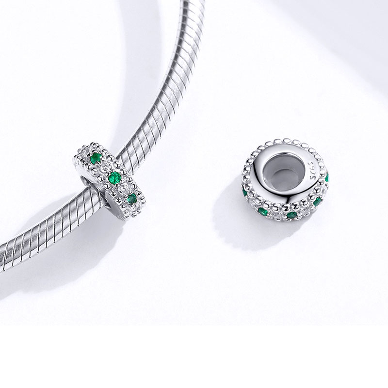 Elegant Retro Stopper for Charm Bracelets 925 Sterling Silver Inlaid with Clear & Green CZ Stones_2