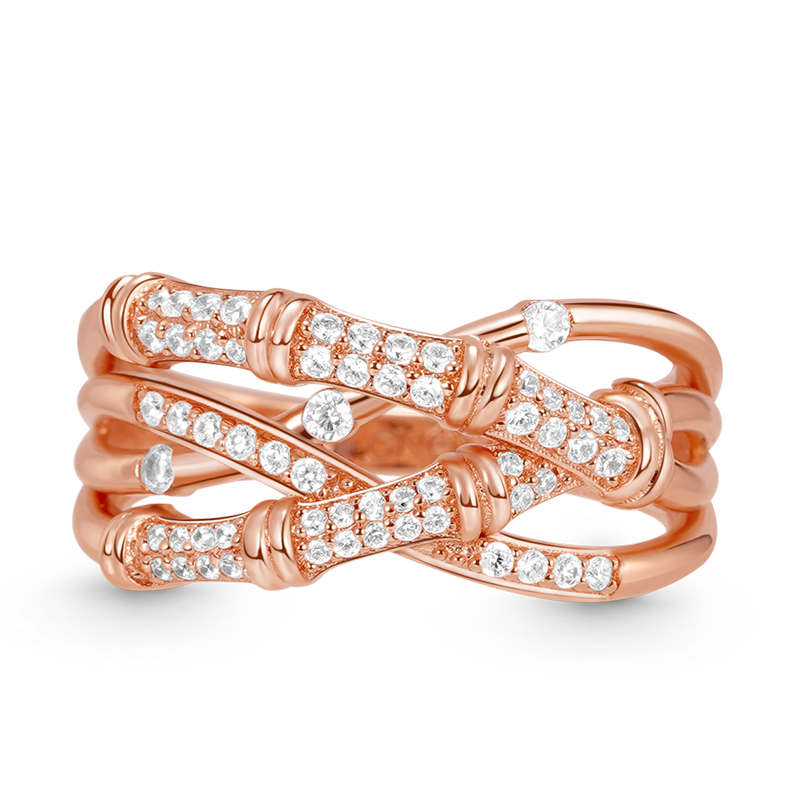 Bamboo Intertwined Band Ring 925 Sterling Silver 18K Rose Gold Plated Inlaid with Clear Gemstones_1