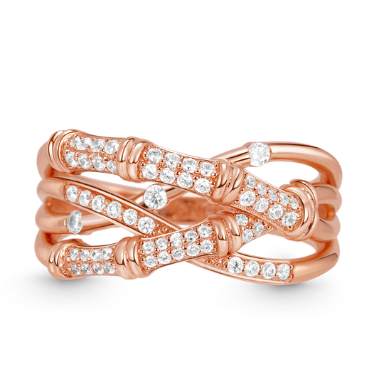 Bamboo Intertwined Band Ring 925 Sterling Silver 18K Rose Gold Plated Inlaid with Clear Gemstones_1