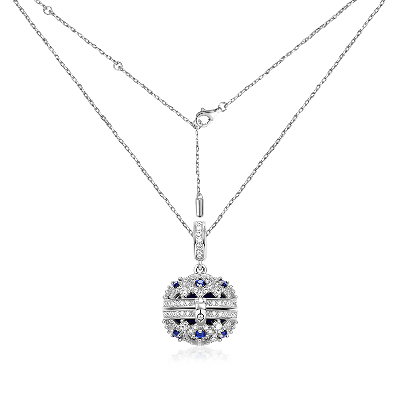 Essential Oil Ball Necklace 925 Sterling Silver Inlaid with Deep Blue Gemstones_2