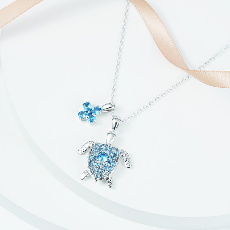 Cherry Blossom & Sea Turtle Necklace Copper Inlaid with Blue Gemstones_3