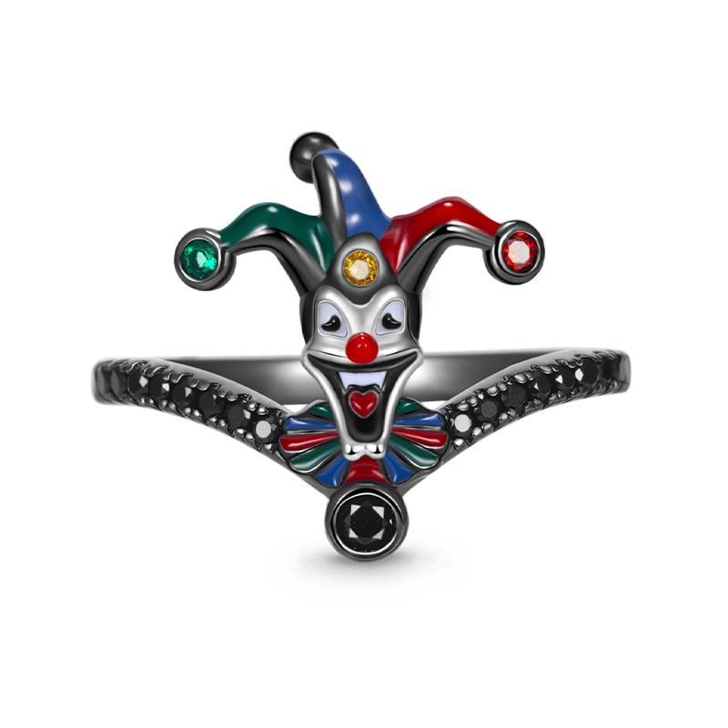 Playful Clown V-Ring Ring 925 Sterling Silver Black Plated with Colorful Enamels & CZ Stones_1