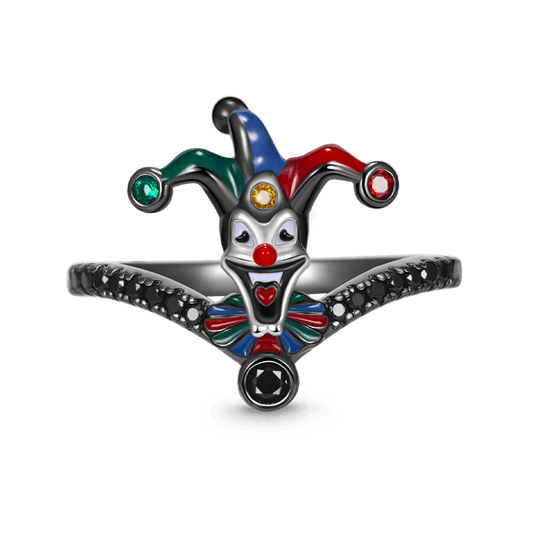 Playful Clown V-Ring Ring 925 Sterling Silver Black Plated with Colorful Enamels & CZ Stones_1