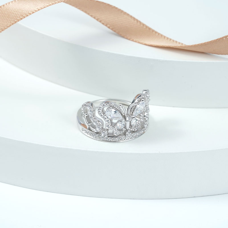 Butterfly Crown Ring 925 Sterling Silver Inlaid with Clear Gemstones_2