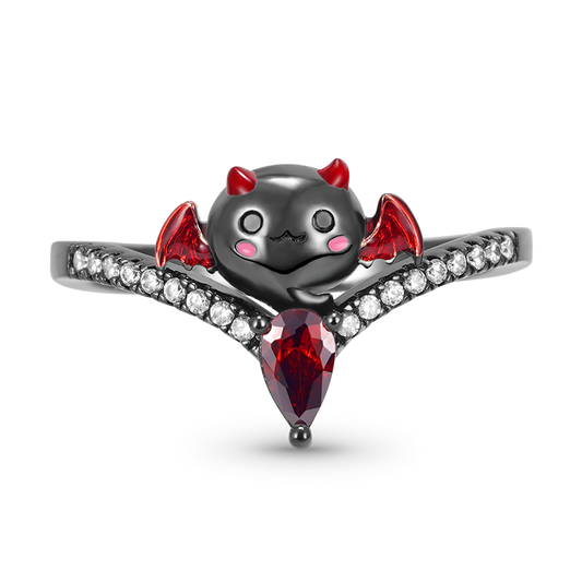 Bat of Love Heart Ruby V-Ring 925 Sterling Silver Black Plated with Clear Gemstones and Pink Enamels_1