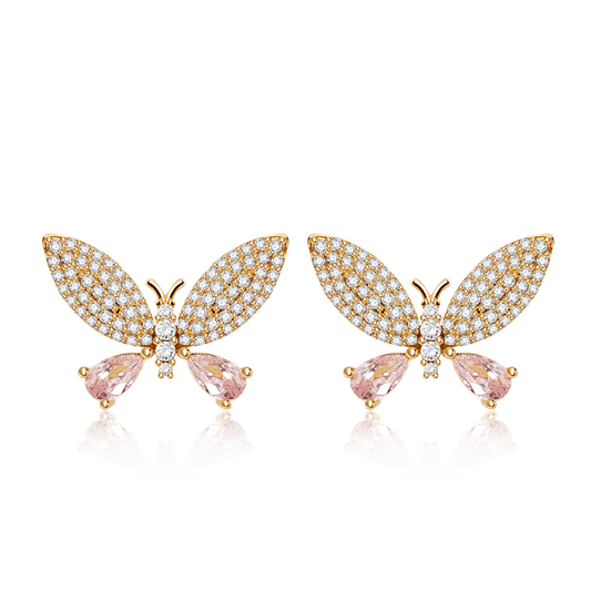 Butterfly Stud Earrings 925 Sterling Silver 18k Gold Plated Inlaid with Pink Gemstones_1