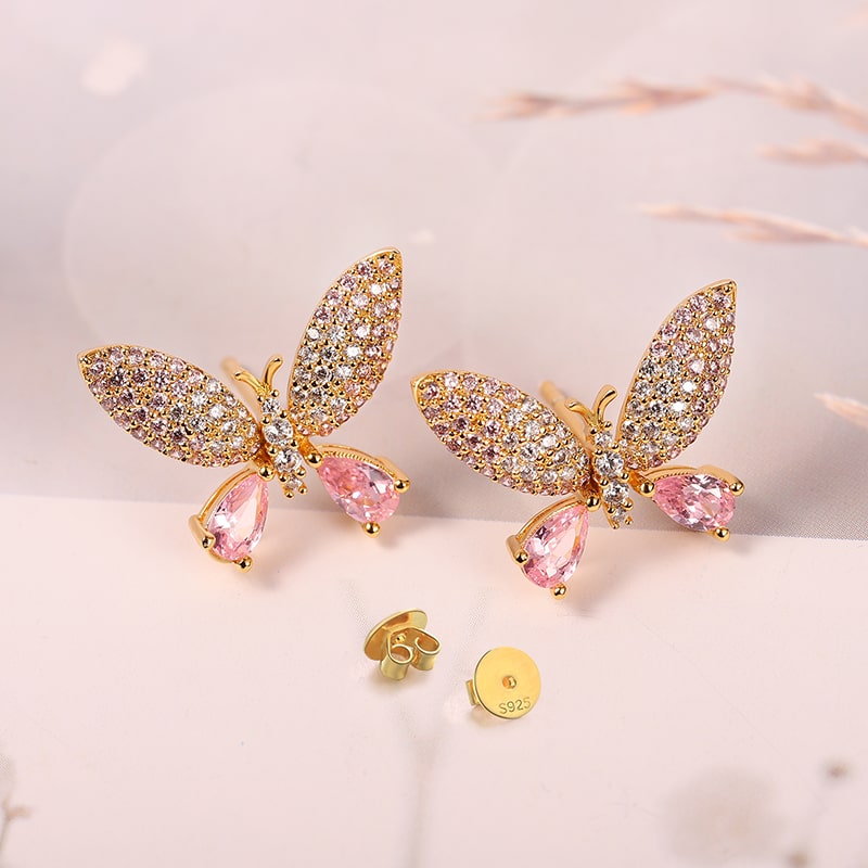 Butterfly Stud Earrings 925 Sterling Silver 18k Gold Plated Inlaid with Pink Gemstones_2