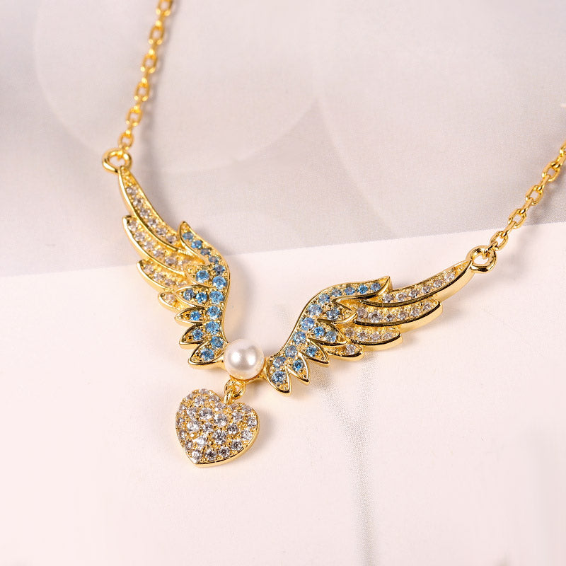 Heart with Angel's Wing Necklace Copper 18K Gold Plated Inlaid with Colorful Gemstones_3