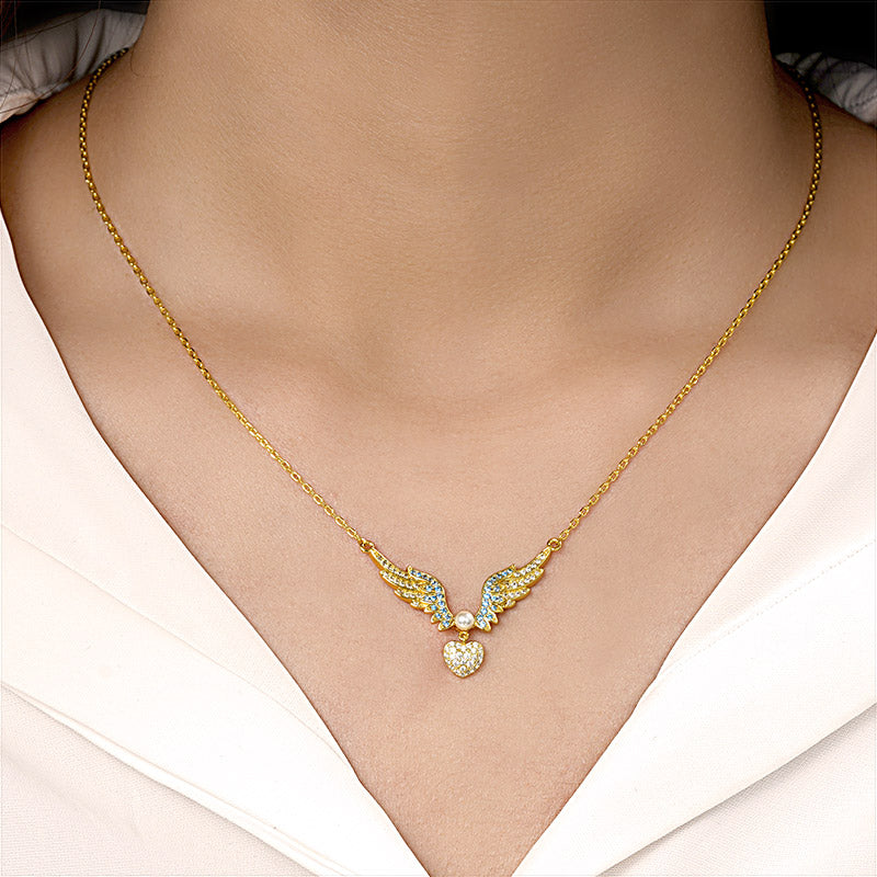 Heart with Angel's Wing Necklace Copper 18K Gold Plated Inlaid with Colorful Gemstones_4