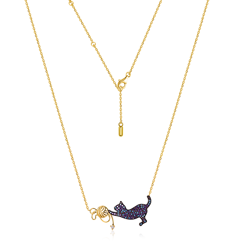 Cat Playing with Yarn Ball Necklace 925 Sterling Silver 18 Gold Plated Inlaid with Colorful CZ Stones_2