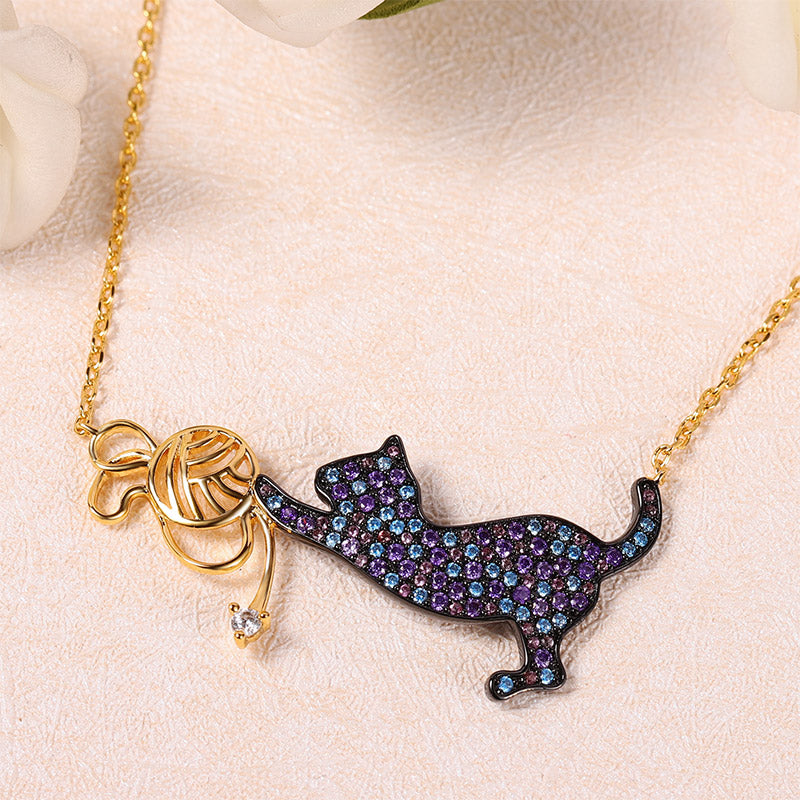 Cat Playing with Yarn Ball Necklace 925 Sterling Silver 18 Gold Plated Inlaid with Colorful CZ Stones_3