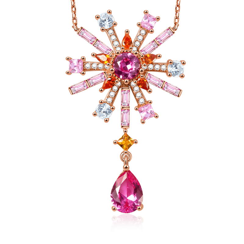Bead Flowers & Pear-cut Necklace Copper 18K Rose Gold Plated Inlaid with Colorful Gemstones_1