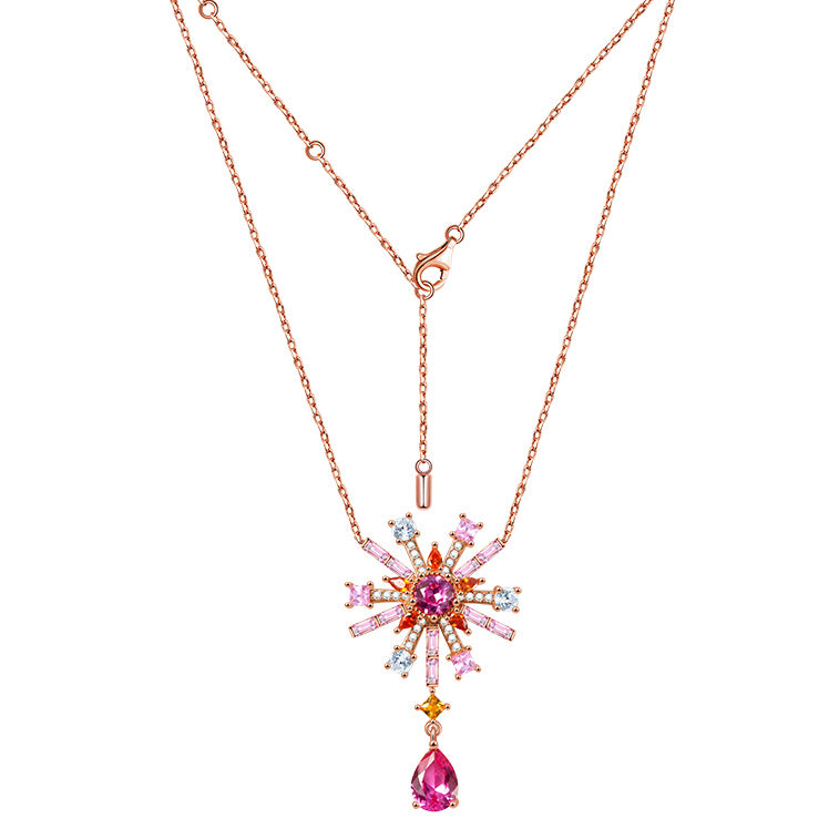 Bead Flowers & Pear-cut Necklace Copper 18K Rose Gold Plated Inlaid with Colorful Gemstones_2