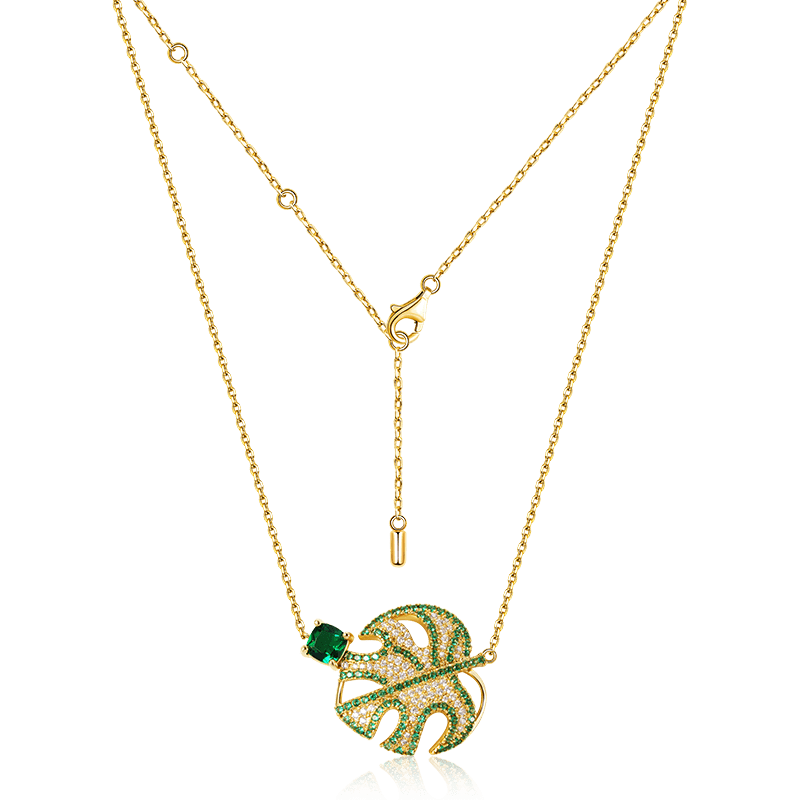 Shiny Philodendron Split Leaf with Princess-Cut Gemstone Necklace Copper 18K Gold Plated_2