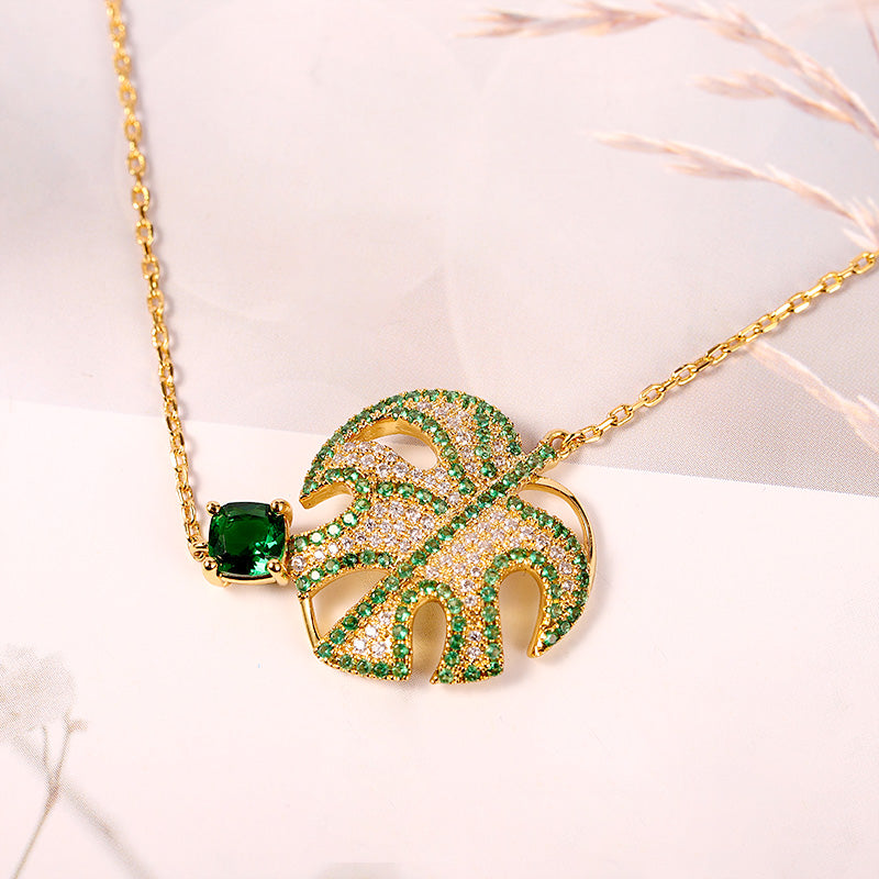 Shiny Philodendron Split Leaf with Princess-Cut Gemstone Necklace Copper 18K Gold Plated_3