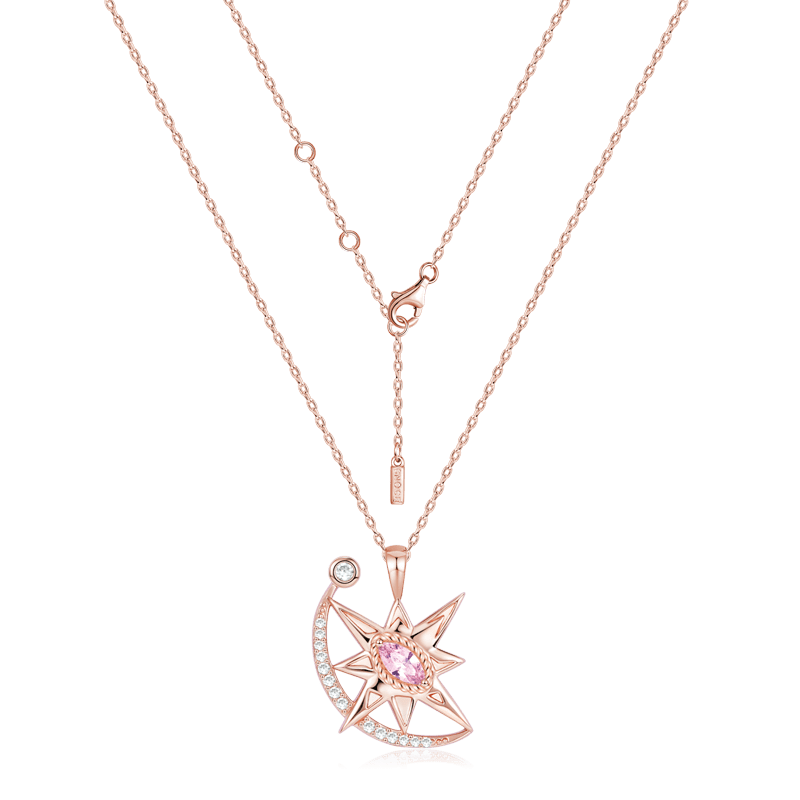 Star with Moon Necklace Copper 18K Rose Gold Plated Inlaid with Pink & Clear Gemstones_2