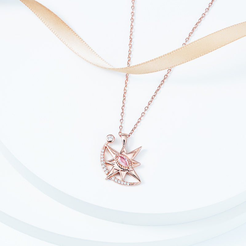 Star with Moon Necklace Copper 18K Rose Gold Plated Inlaid with Pink & Clear Gemstones_3