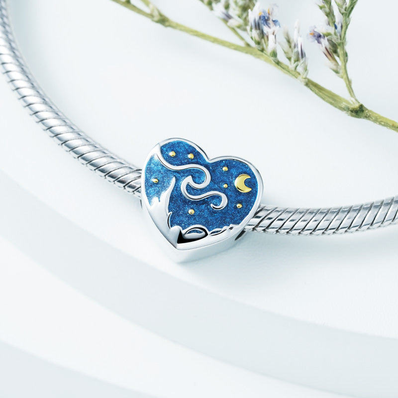 Starry Night Heart Charm Bead 925 Sterling Silver 18K Gold Plated with Enamels Double-sided Pattern_2