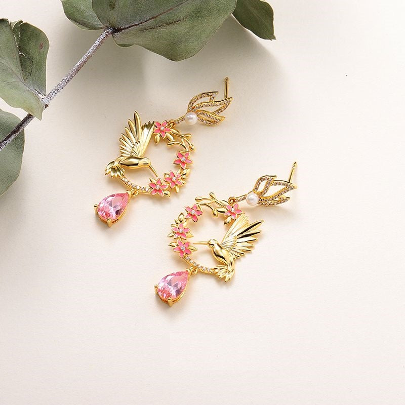Hummingbird Flower Earrings with 18K Gold Plated Sterling Silver_2