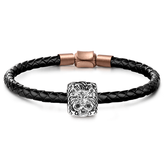 Wolf Skull Men's Vintage Bead S925 Sterling Silver with Gift Copper Black Leather Men's Bracelet Jewelry for Men_1