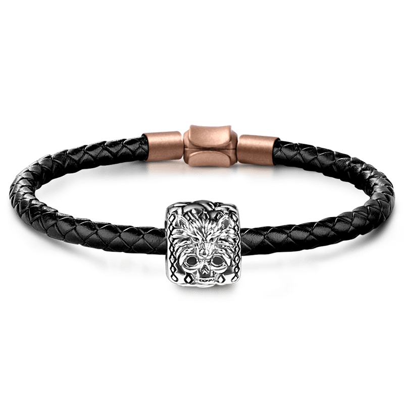 Wolf Skull Men's Vintage Bead S925 Sterling Silver with Gift Copper Black Leather Men's Bracelet Jewelry for Men_1