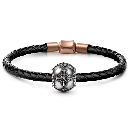 Vintage Pattern Men's Bead S925 Sterling Silver with Gift Copper Black Leather Men's Bracelet Jewelry for Men_1